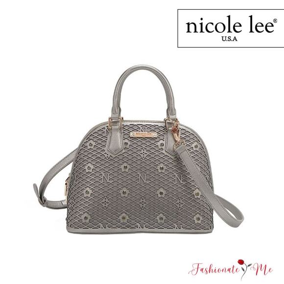 Nicole Lee USA Gracie Flower Pattern Pocket Vegan Leather Dome Satchel | Pewter - Picture 1 of 13